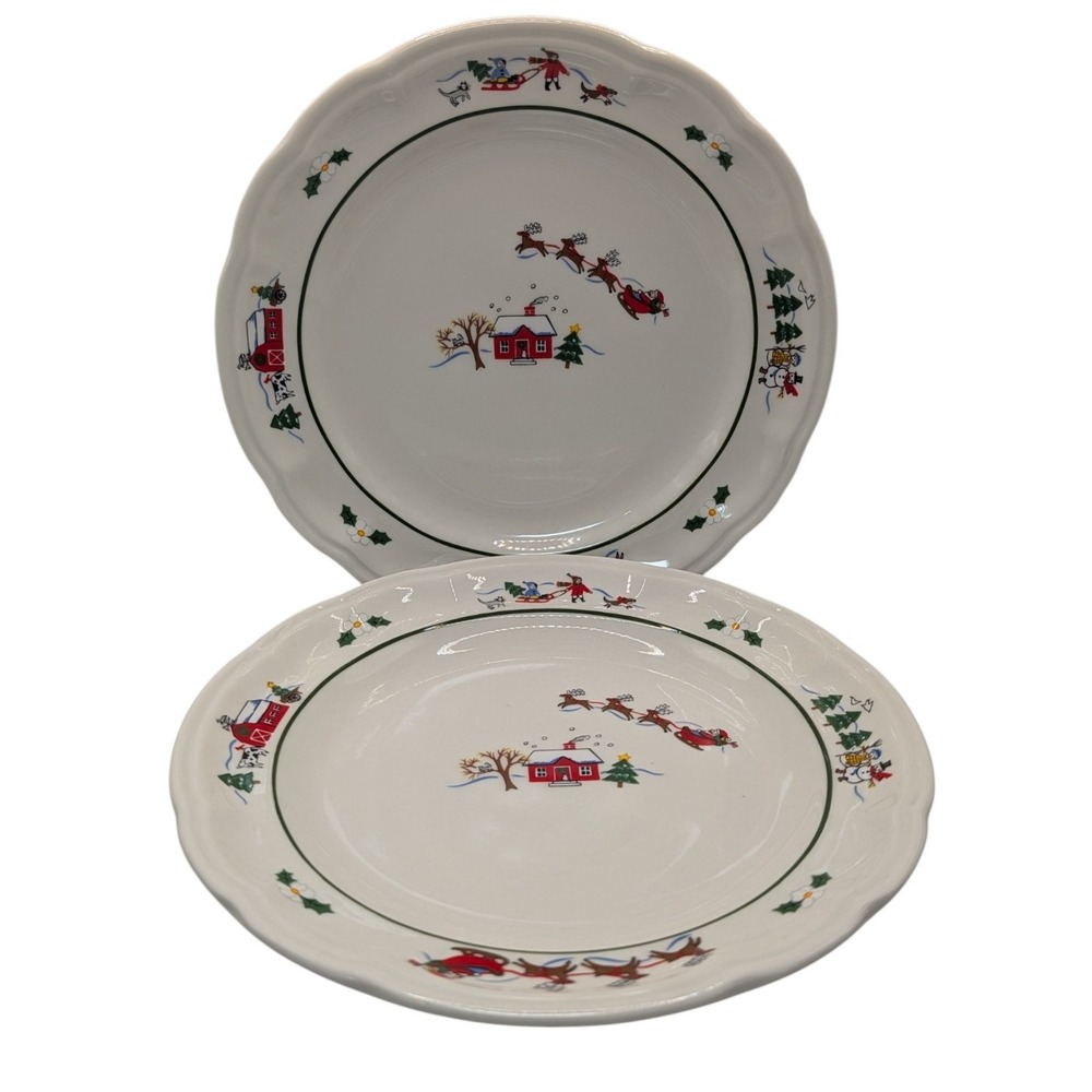 Vintage Pfaltzgraff Lunch Plates Snow Village Santa Christmas Holiday Set of Two